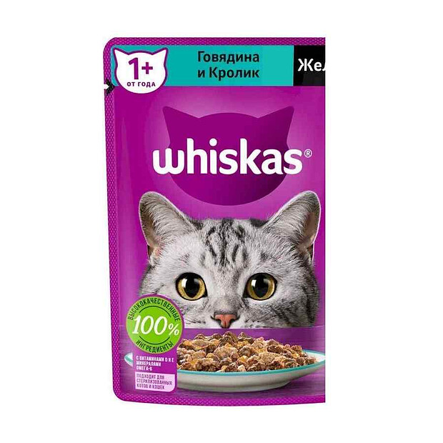 Корм для взрослых кошек WHISKAS Желе с говядиной и кроликом (75г) 620x620 в Материке