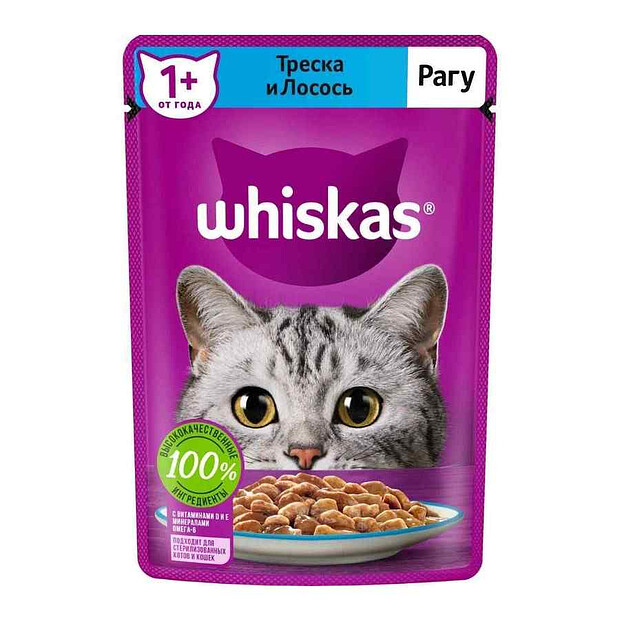 Корм для взрослых кошек WHISKAS рагу с треской и лососем (75г)