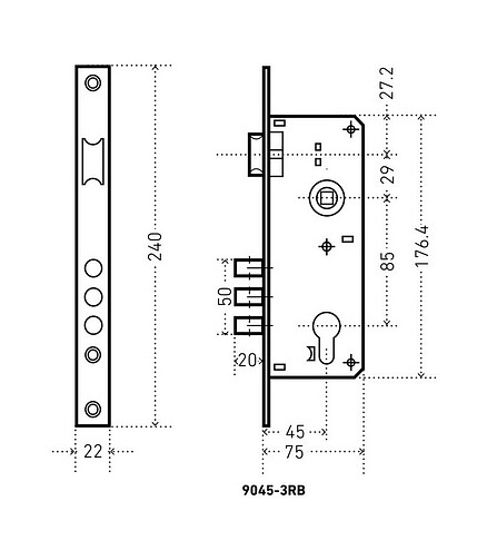 Корпус для замка 9045-3RB GP латунь (без механизма секрета, 3 ригеля) 438x503 в Материке - Вариант 4