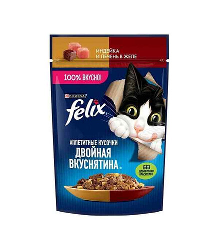 Корм для кошек FELIX Двойная вкуснятина, индейка/печень (75г) 438x503 в Материке