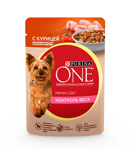 Корм для собак Purina One Мини контроль веса, курица, рис, томат (85г) 438x503 в Материке