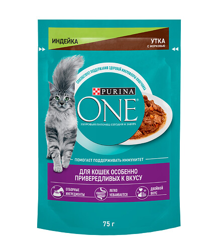Корм для кошек Purina ONE для привередливых, индейка, утка, морковь (75г) 438x503 в Материке