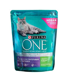 Корм для кошек с чувств. пищев. Purina ONE с выс. содерж. индейки/рисом (750г)