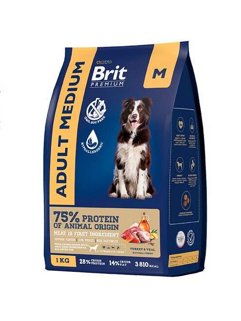 Корм для собак Brit Premium Medium индейка, телятина (1кг) 495x660 в Материке