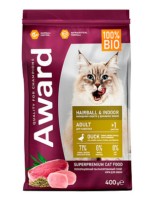 Корм для кошек Award Hairball &Indoor утка,индейка,чечевица,юкка Шидигера(0,4кг) 238x286 в Материке