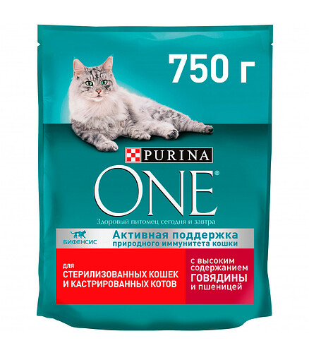 Корм для кошек Purina ONE для стерилизованных, говядина и пшеница (0,75кг) 438x503 в Материке