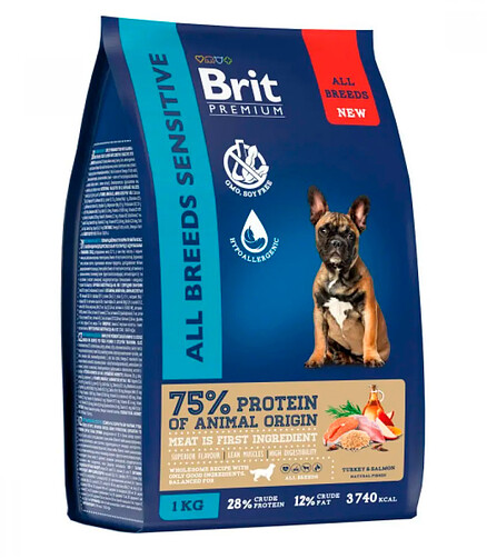Корм для собак Brit Premium Sensitive лосось, индейка (1кг) 438x503 в Материке