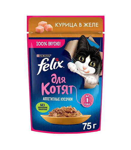 Корм для котят FELIX курица, кусочки в желе (75г) 438x503 в Материке