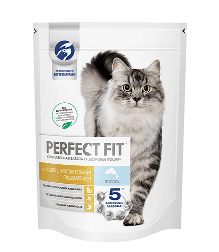 Корм для кошек PERFECT FIT с чувств. пищевар., лосось (0,65кг) 438x503 в Материке