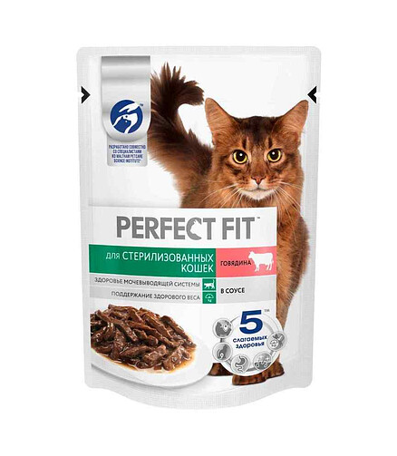 Корм для кошек PERFECT FIT для стерилизованных, говядина, соус (75г) 438x503 в Материке
