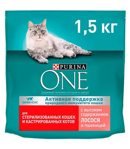 Корм для кошек Purina ONE для стерилизованных, лосось и пшеница (1,5кг) 438x503 в Материке