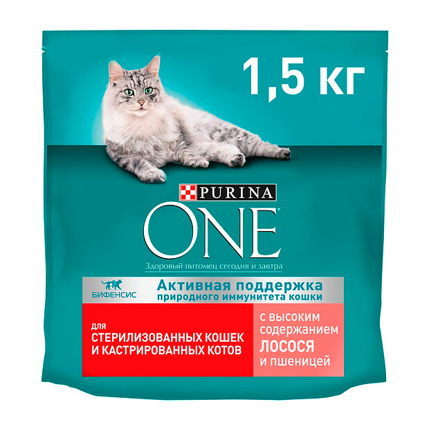 Корм для кошек Purina ONE для стерилизованных, лосось и пшеница (1,5кг) 620x620 в Материке