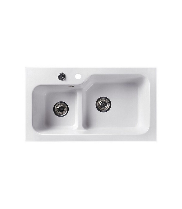 Мойка SG-REC-DUO-8045 800х452мм 1,5 чаши иск.мрамор-БЕЛЫЙ КВАРЦ правая с сифоном 586x674 в Материке