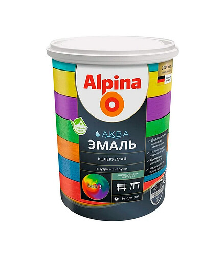 Эмаль ALPINA АКВА колеруемая шелковисто-матовая База3 0,85л 438x503 в Материке
