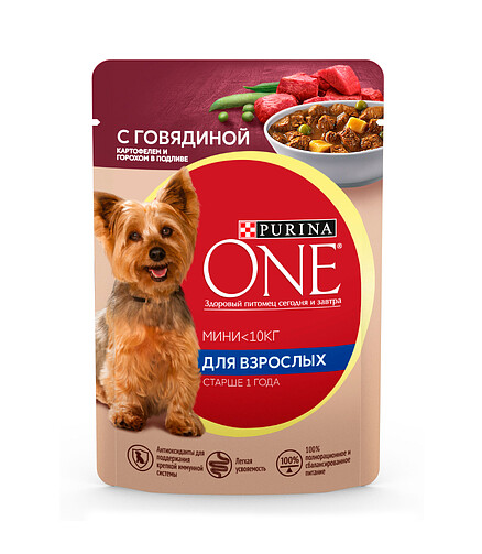 Корм для собак Purina One Мини говяд., картофель, горох, подлива (85г) 438x503 в Материке