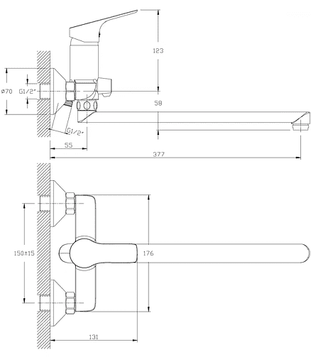 Смеситель ROSSINKA RS29-33 (для ванны, длинный излив 350мм) 438x503 в Материке - Вариант 2