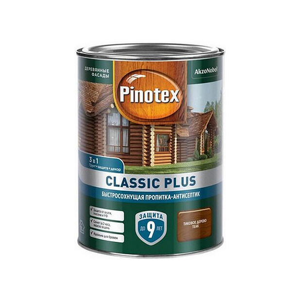 Пропитка-антисептик Pinotex Classic Plus 3 в 1 Тиковое дерево, 0,9л 620x620 в Материке