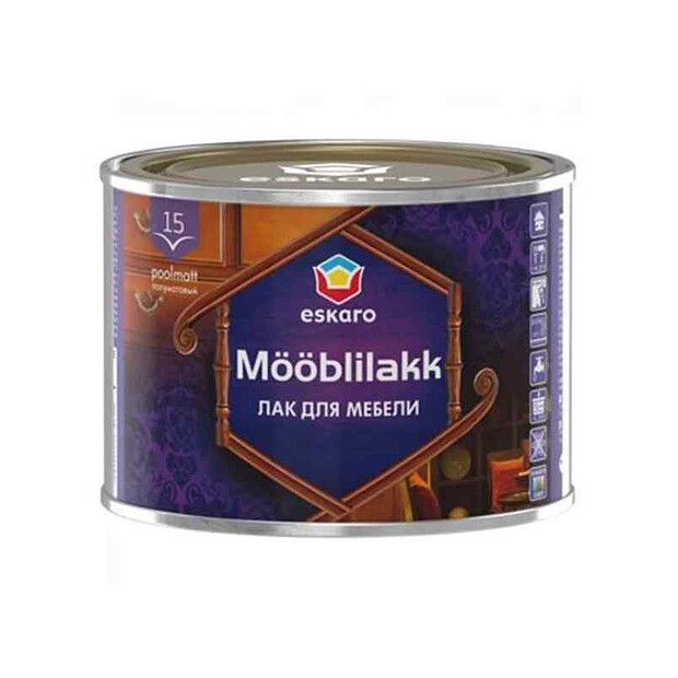 Лак Eskaro Mooblilakk 15 акриловый д/мебели полумат 0,45л 620x620 в Материке