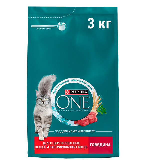 Корм для кошек Purina ONE для стерилизованных, говядина (3кг) 586x674 в Материке