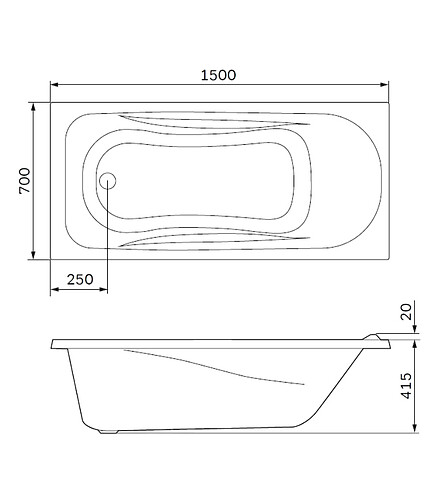 Ванна акриловая прямоугольная SENSE NEW 150x70см без каркаса 438x503 в Материке - Вариант 2