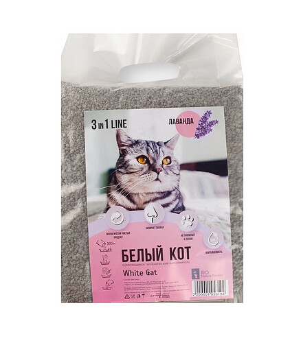 Наполнитель минеральный комкующийся БЕЛЫЙ КОТ 3в1 Лаванда (10л) 438x503 в Материке