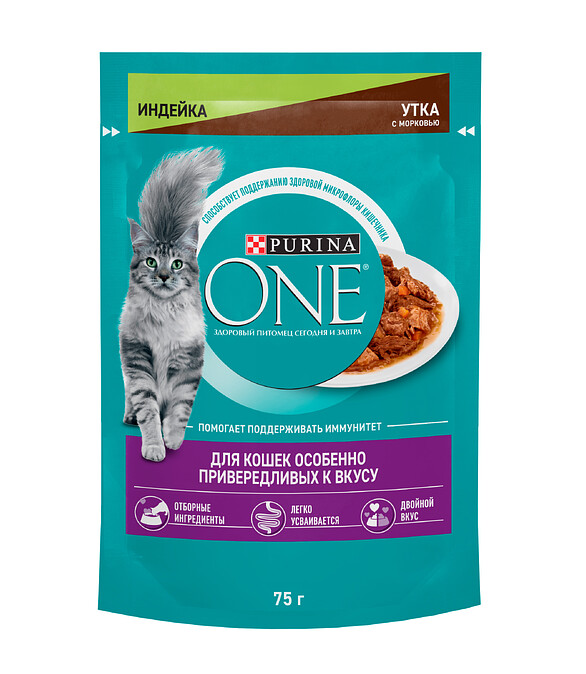 Корм для кошек Purina ONE для привередливых, индейка, утка, морковь (75г) 586x674 Корм для кошек Purina ONE для привередливых, индейка, утка, морковь (75г) 586x674 в Материке