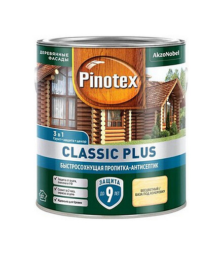 Пропитка-антисептик Pinotex Classic Plus 3 в 1 бесцветная, 2,5л 438x503 в Материке