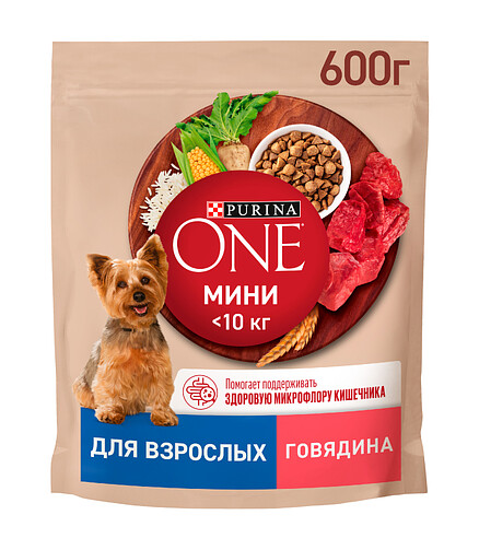 Корм для собак Purina One Мини с выс. содерж. говядина, рис (0,6кг) 438x503 в Материке