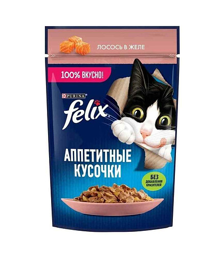 Корм для кошек FELIX лосось, кусочки в желе (75г) 438x503 в Материке