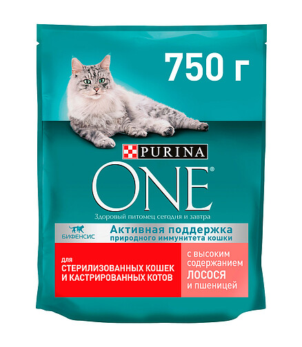 Корм для кошек Purina ONE для стерилизованных, лосось и пшеница (0,75кг) 438x503 в Материке