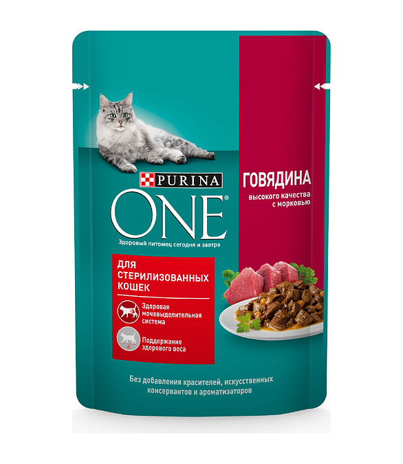 Корм для кошек Purina ONE для стерилизованных, говядина и морковь (75г) 586x674 Корм для кошек Purina ONE для стерилизованных, говядина и морковь (75г) 586x674 в Материке