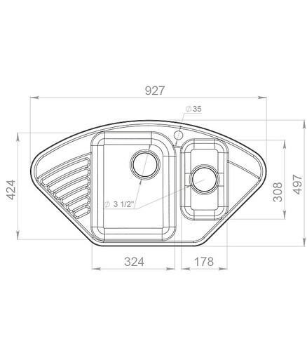 Мойка QUARZ GF-Z 14 (ЕСО-14) угловая 1,5 чаши, 930х500мм песок (без сифона) 438x503 в Материке - Вариант 2