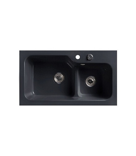 Мойка SG-REC-DUO-8045 800х452мм 1,5 чаши иск.мрамор-ЧЕРН.ОБСИДИАН левая с сифон. 438x503 в Материке