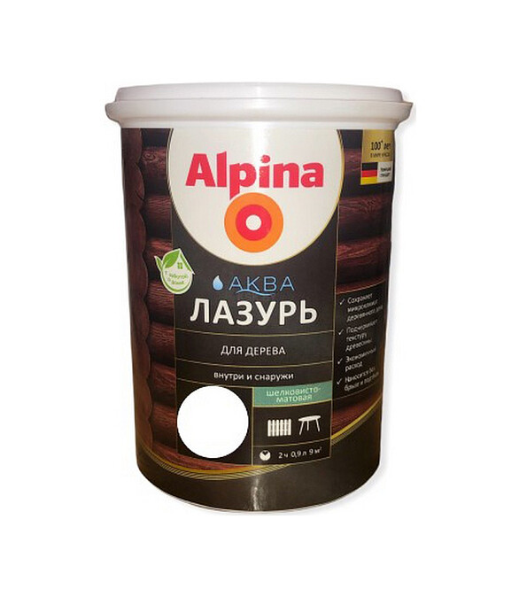 Лазурь Alpina АКВА для дерева Белый, 0,9л 586x674 Лазурь Alpina АКВА для дерева Белый, 0,9л 586x674 в Материке