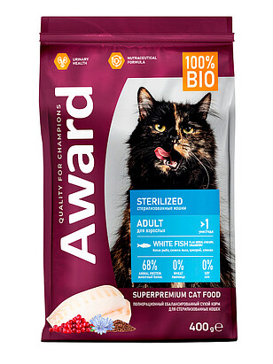 Корм для кошек Award Sterilized белая рыба, семя льна, клюква, цикорий (0,4кг) 238x286 в Материке