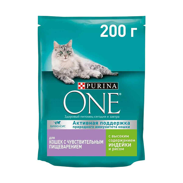 Корм для кошек Purina ONE с чувств. пищевар., индейка, рис (0,2кг) 620x620 в Материке