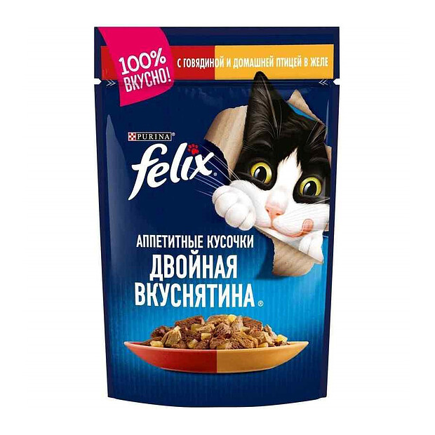 Корм для кошек FELIX Двойная вкуснятина, говядина/птица (75г) 620x620 в Материке