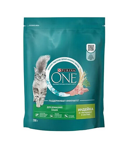 Корм для кошек Purina ONE для домашних, цельные злаки, индейка (0,2кг) 438x503 в Материке