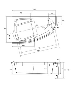 Ванна акриловая асимметричная JOANNA 160х95см правая без ножек