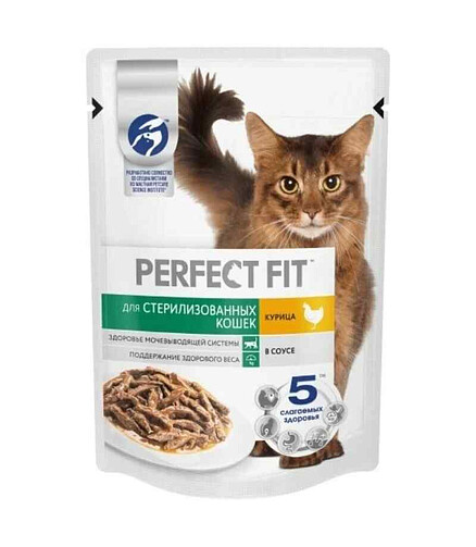 Корм для кошек PERFECT FIT для стерилизованных, курица, соус (75г) 438x503 в Материке