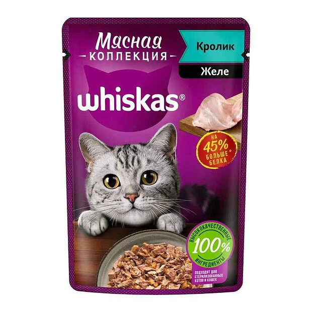 Корм для взрослых кошек WHISKAS с кроликом "Мясная коллекция. Кролик" (75г)