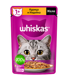 Корм для взрослых кошек WHISKAS желе с курицей и индейкой (75г)