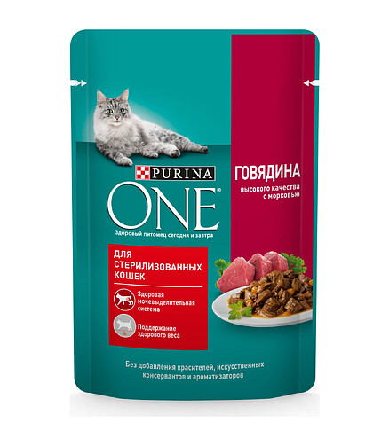 Корм для кошек Purina ONE для стерилизованных, говядина и морковь (75г) 438x503 в Материке