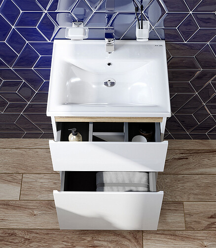 Тумба X-JOY M85AFSX0552WG 55см напольная белый глянец/светлое дерево 438x503 в Материке - Вариант 3