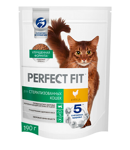 Корм для кошек PERFECT FIT для стерилизованных, курица (0,19кг) 438x503 в Материке