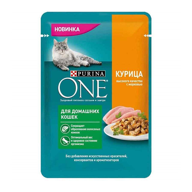 Корм для кошек Purina ONE для домашних, курица, морковь (75г) 620x620 в Материке