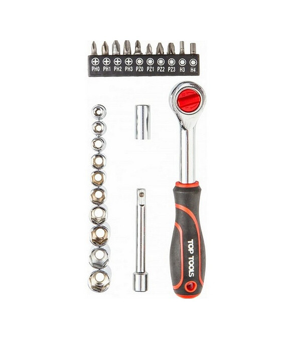 Набор ключей торцевых с трещоткой TOP TOOLS 38D505 1/4" 23пр. 586x674 Набор ключей торцевых с трещоткой TOP TOOLS 38D505 1/4" 23пр. 586x674 в Материке