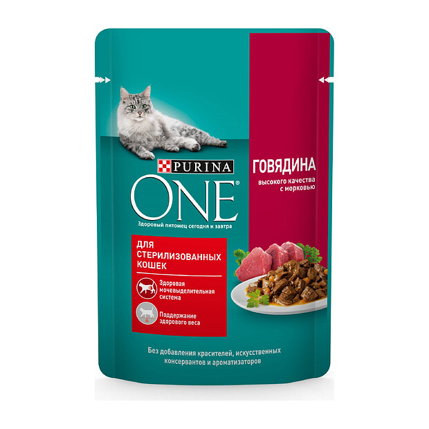 Корм для кошек Purina ONE для стерилизованных, говядина и морковь (75г) 620x620 в Материке