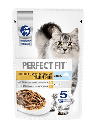 Корм для кошек PERFECT FIT с чувств. пищевар., лосось, соус (75г) 238x286 в Материке