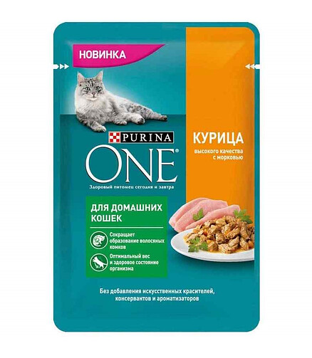Корм для кошек Purina ONE для домашних, курица, морковь (75г) 438x503 в Материке